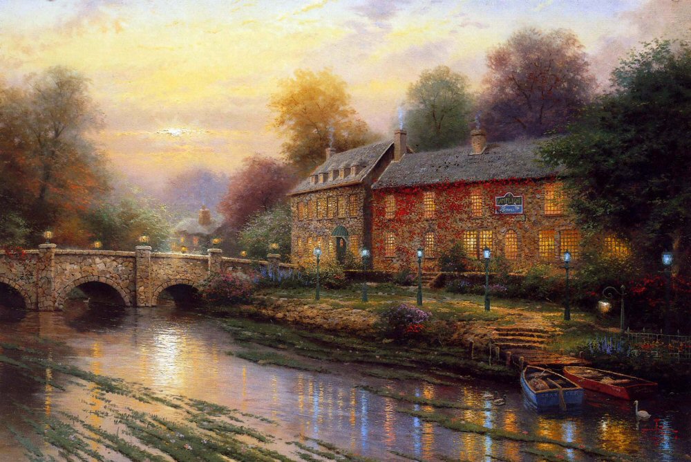 Lamplight Inn Lamplight Lane II By Thomas Kinkade 18x27 Signed And 